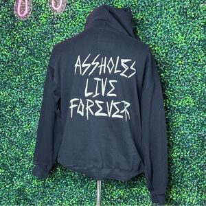 Assholes Live Forever Black Graphic Pull Over Hoodie Sz L